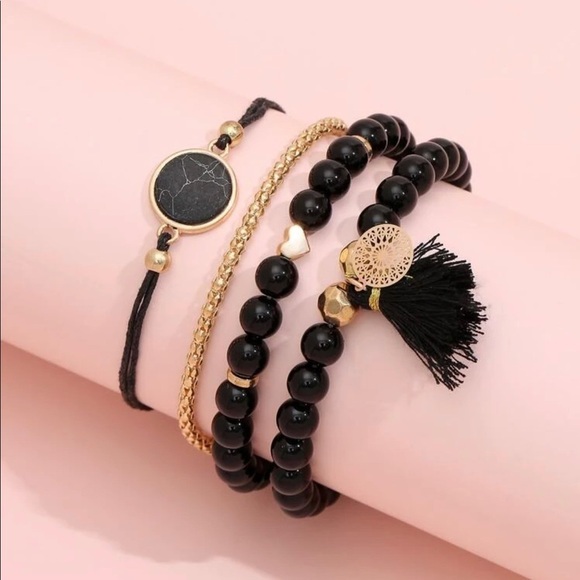 Boho Chic Black Marble Beaded Layering Bracelet Set - Picture 2 of 13